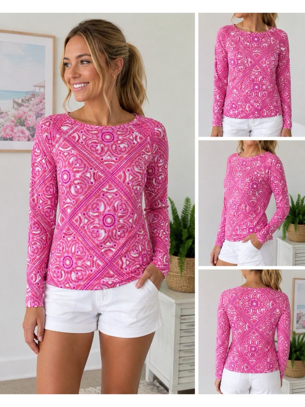 Vineyard Vines Pink Tile Print Performance Top Medium